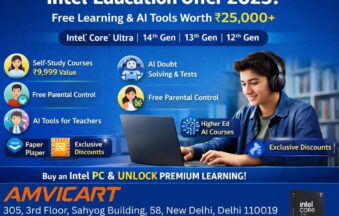 Intel Education Offer 2025 banner showing free learning and AI tools worth ₹25,000+ with Intel Core Ultra, 12th, 13th and 14th Gen PCs by Amvicart